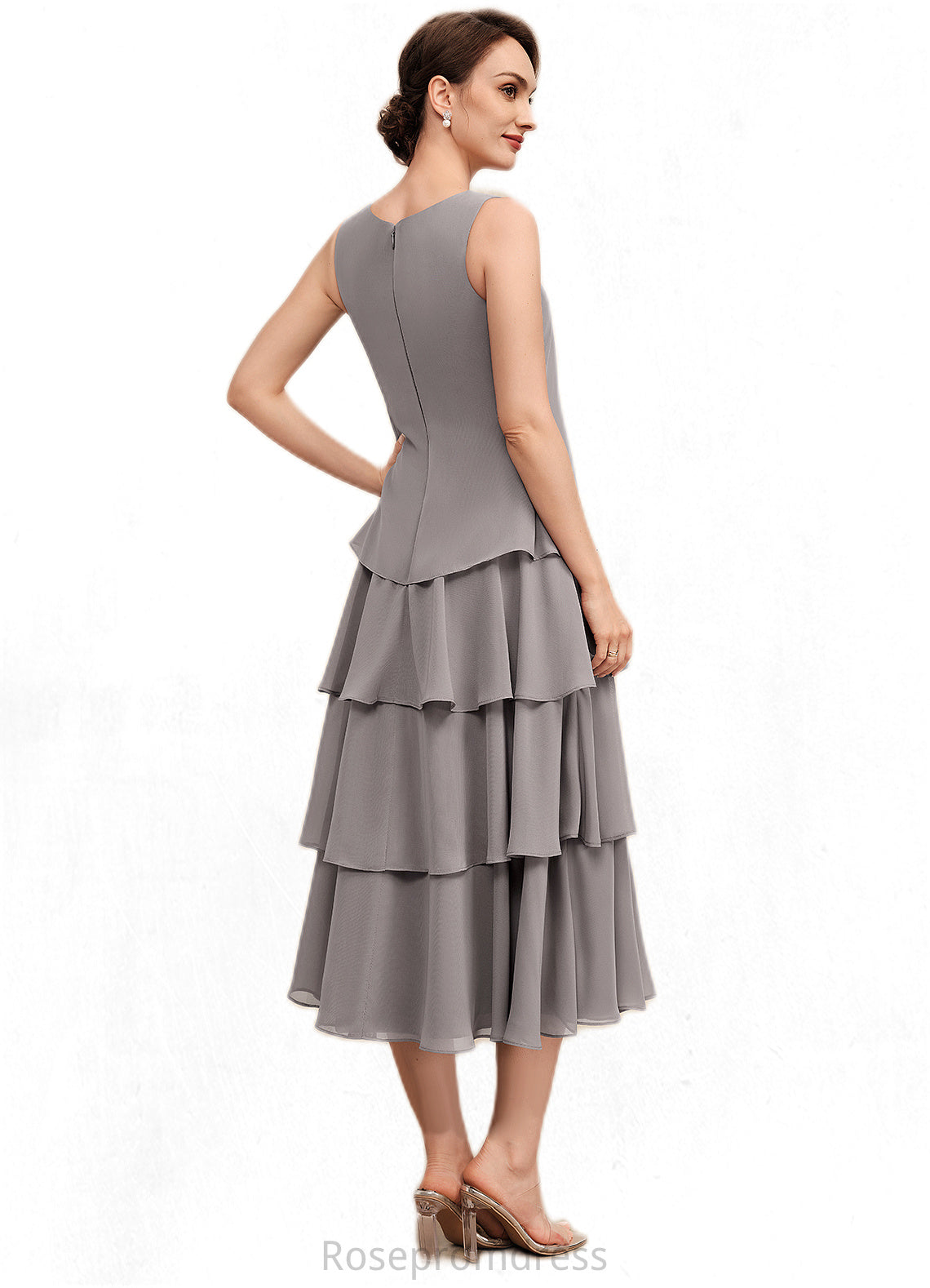 Ruth A-Line Scoop Neck Tea-Length Chiffon Mother of the Bride Dress With Cascading Ruffles SRS126P0014603