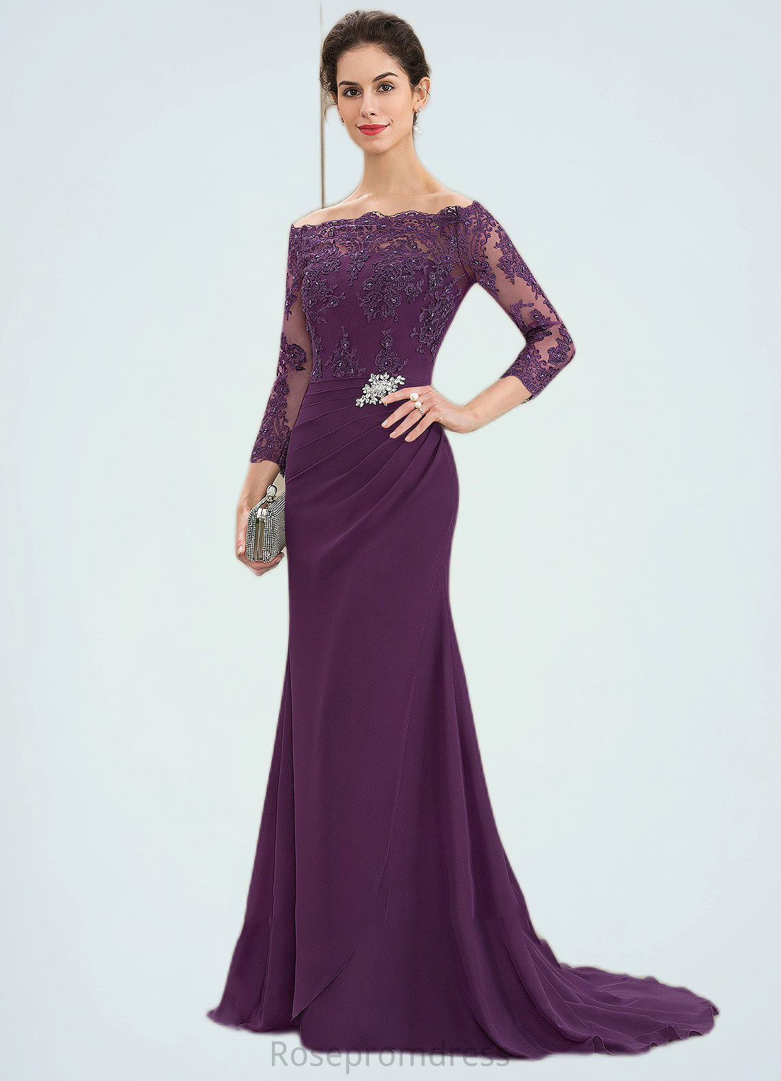 Liz Trumpet/Mermaid Off-the-Shoulder Sweep Train Chiffon Lace Mother of the Bride Dress With Beading Sequins SRS126P0014604