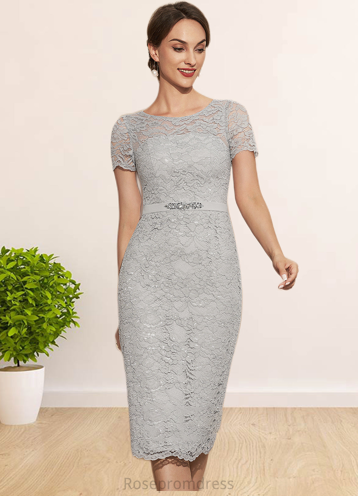 Lois Sheath/Column Scoop Neck Knee-Length Chiffon Lace Mother of the Bride Dress With Beading SRS126P0014605