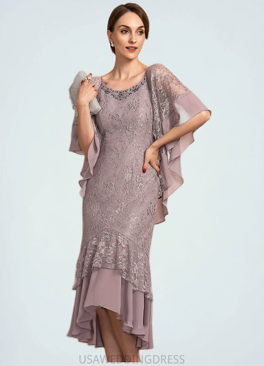 Emilia Trumpet/Mermaid Scoop Neck Asymmetrical Chiffon Lace Mother of the Bride Dress With Beading Sequins DS126P0014606