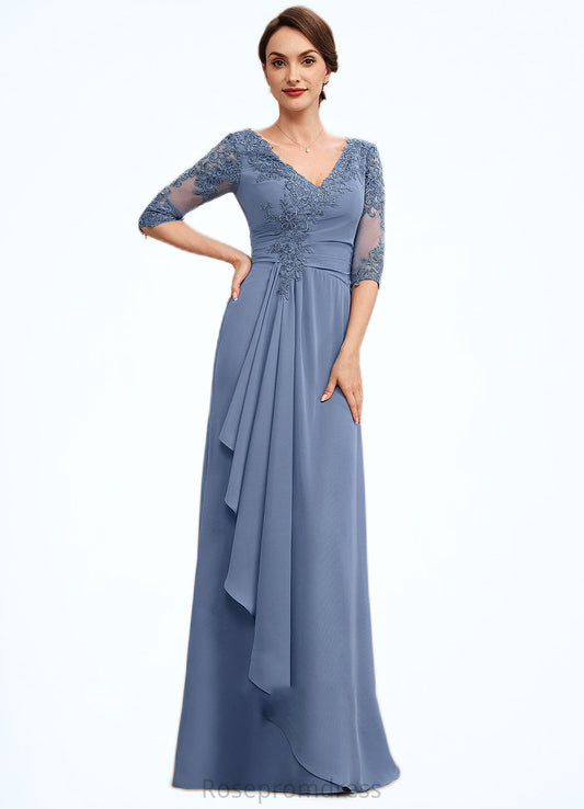 Minnie A-Line V-neck Floor-Length Chiffon Lace Mother of the Bride Dress With Cascading Ruffles SRS126P0014609