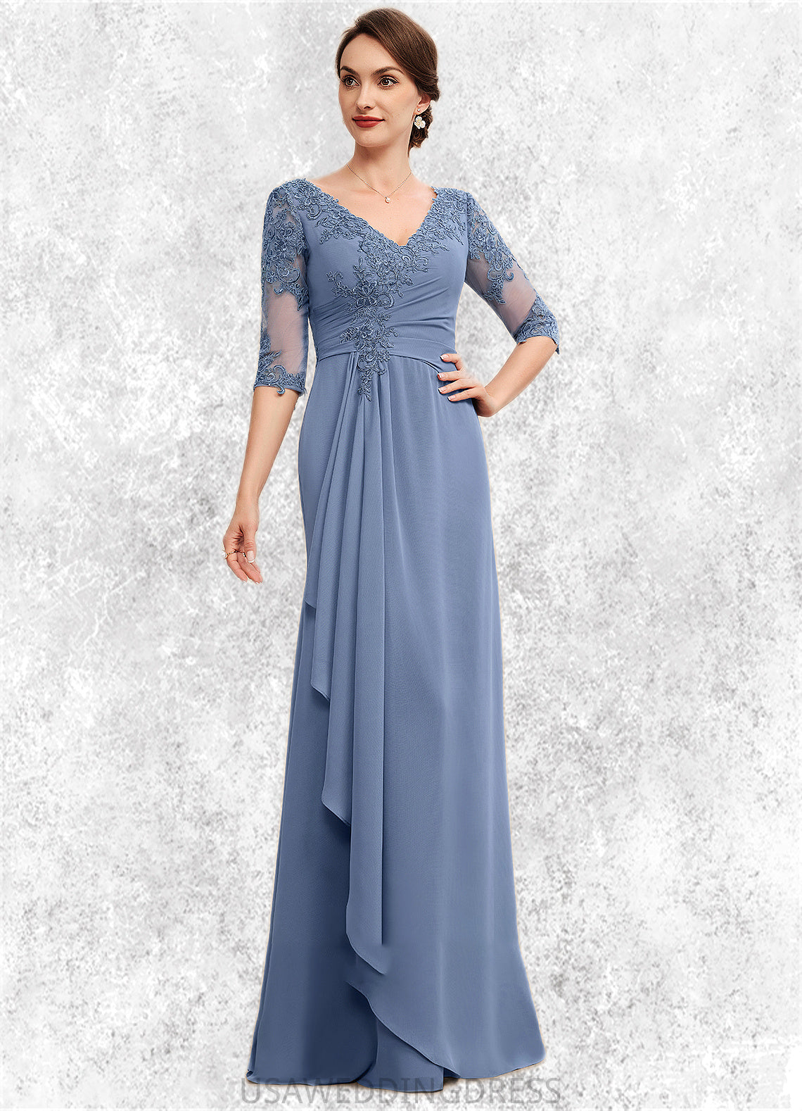 Karissa A-Line V-neck Floor-Length Chiffon Lace Mother of the Bride Dress With Cascading Ruffles DS126P0014609