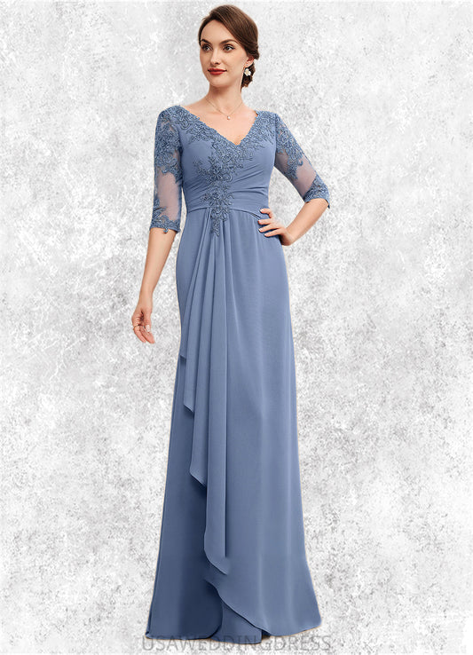 Karissa A-Line V-neck Floor-Length Chiffon Lace Mother of the Bride Dress With Cascading Ruffles DS126P0014609