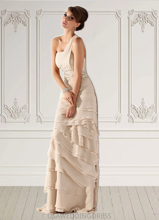 Gemma A-Line One-Shoulder Sweep Train Chiffon Mother of the Bride Dress With Beading Cascading Ruffles DS126P0014610