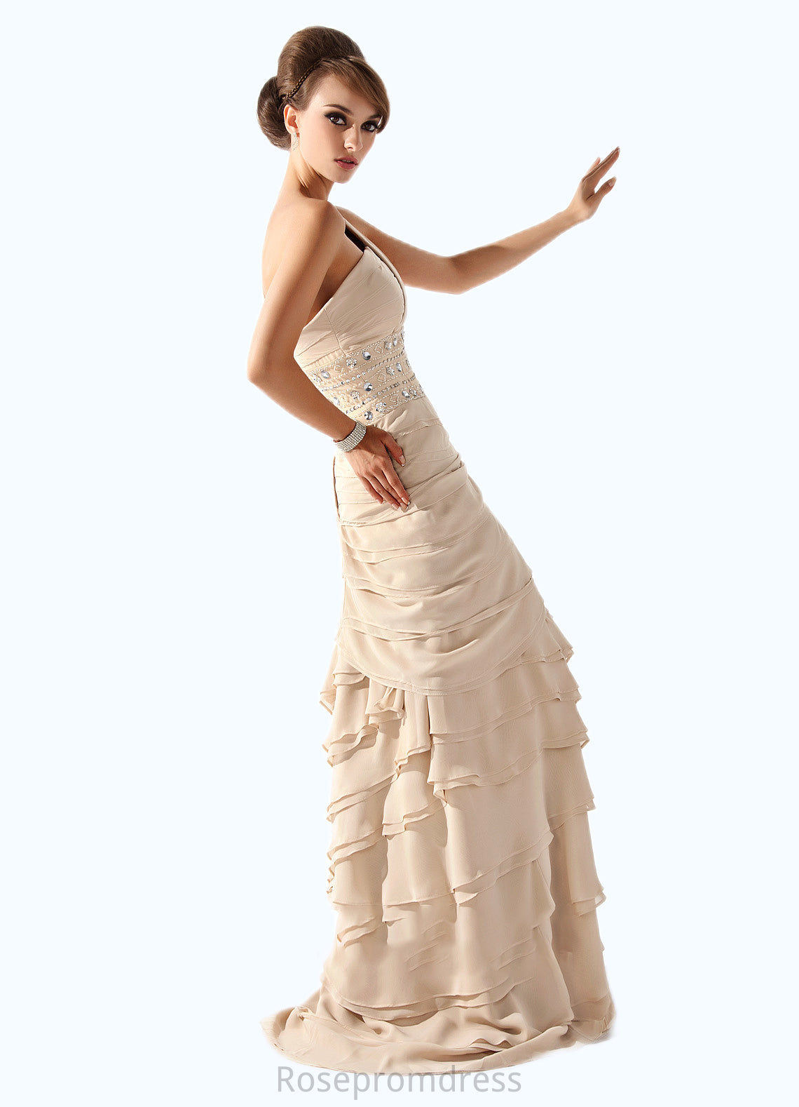 Madelyn A-Line One-Shoulder Sweep Train Chiffon Mother of the Bride Dress With Beading Cascading Ruffles SRS126P0014610