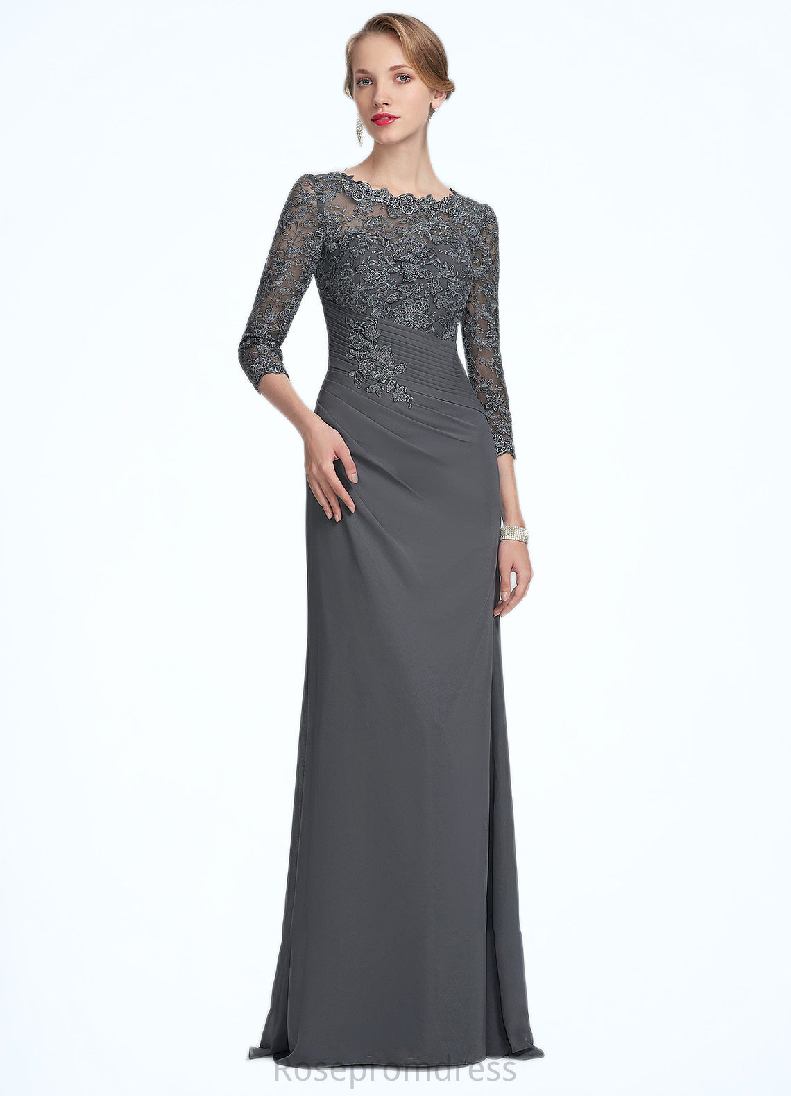 Josie Sheath/Column Scoop Neck Floor-Length Chiffon Lace Mother of the Bride Dress With Ruffle SRS126P0014611