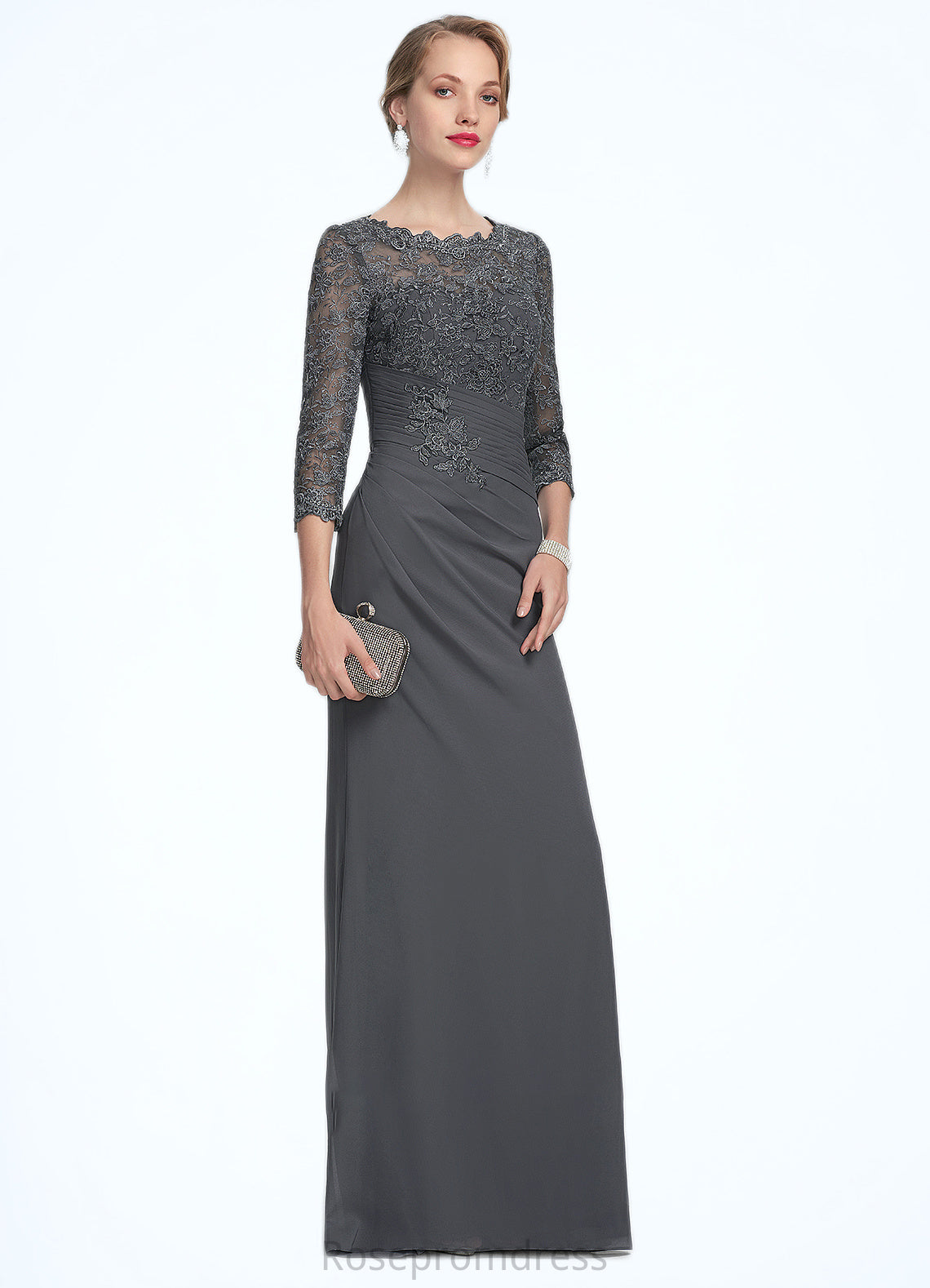 Josie Sheath/Column Scoop Neck Floor-Length Chiffon Lace Mother of the Bride Dress With Ruffle SRS126P0014611