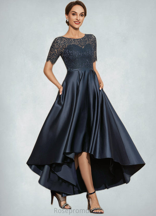 Andrea A-Line Scoop Neck Asymmetrical Satin Lace Mother of the Bride Dress With Pockets SRS126P0014613