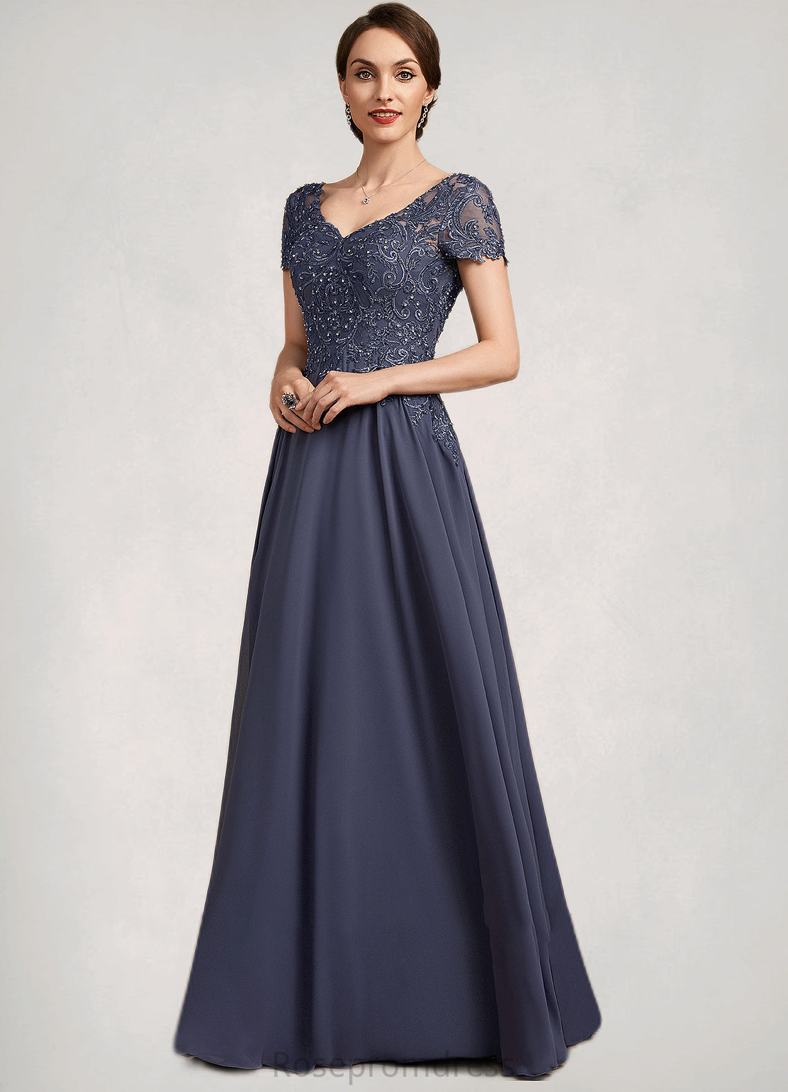 Dalia A-line V-Neck Floor-Length Chiffon Lace Mother of the Bride Dress With Beading Sequins SRS126P0014614