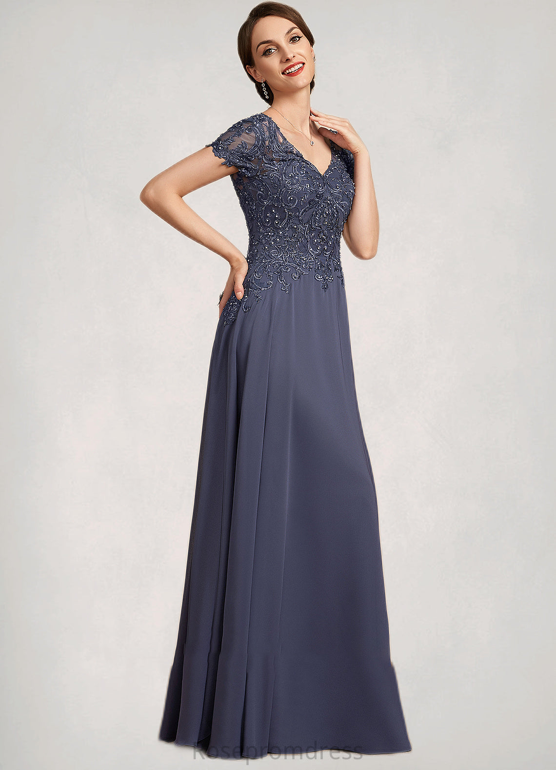 Dalia A-line V-Neck Floor-Length Chiffon Lace Mother of the Bride Dress With Beading Sequins SRS126P0014614