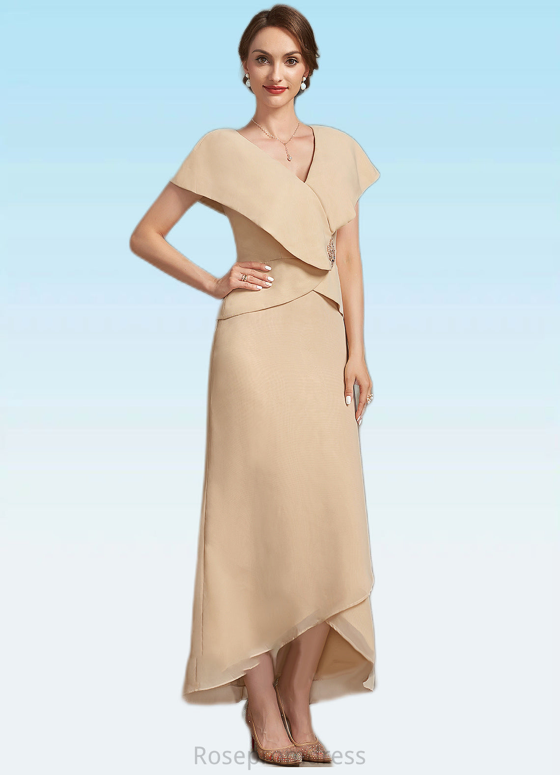 June A-line V-Neck Asymmetrical Chiffon Mother of the Bride Dress With Beading Sequins SRS126P0014615