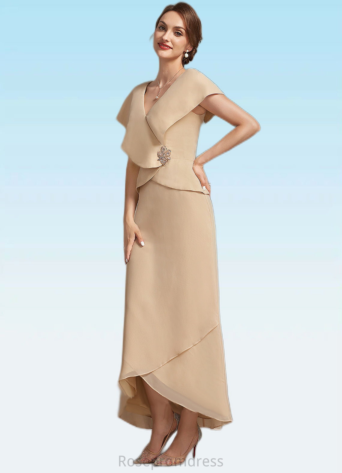 June A-line V-Neck Asymmetrical Chiffon Mother of the Bride Dress With Beading Sequins SRS126P0014615