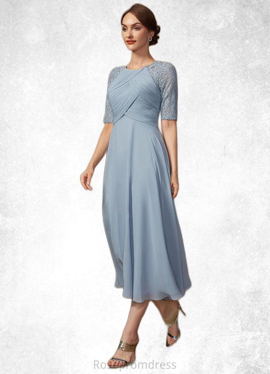 Sariah A-Line Scoop Neck Tea-Length Chiffon Lace Mother of the Bride Dress With Ruffle SRS126P0014616