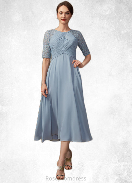 Sariah A-Line Scoop Neck Tea-Length Chiffon Lace Mother of the Bride Dress With Ruffle SRS126P0014616