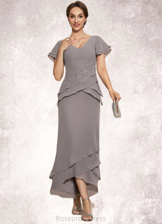 Lillianna Sheath/Column V-neck Asymmetrical Chiffon Mother of the Bride Dress With Appliques Lace Cascading Ruffles SRS126P0014617