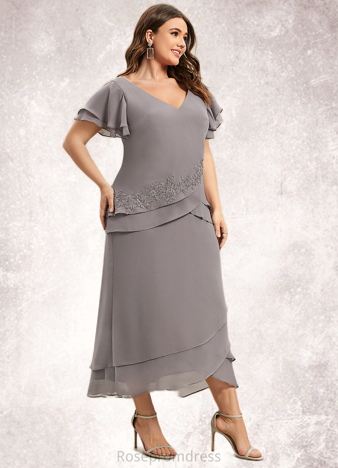 Lillianna Sheath/Column V-neck Asymmetrical Chiffon Mother of the Bride Dress With Appliques Lace Cascading Ruffles SRS126P0014617