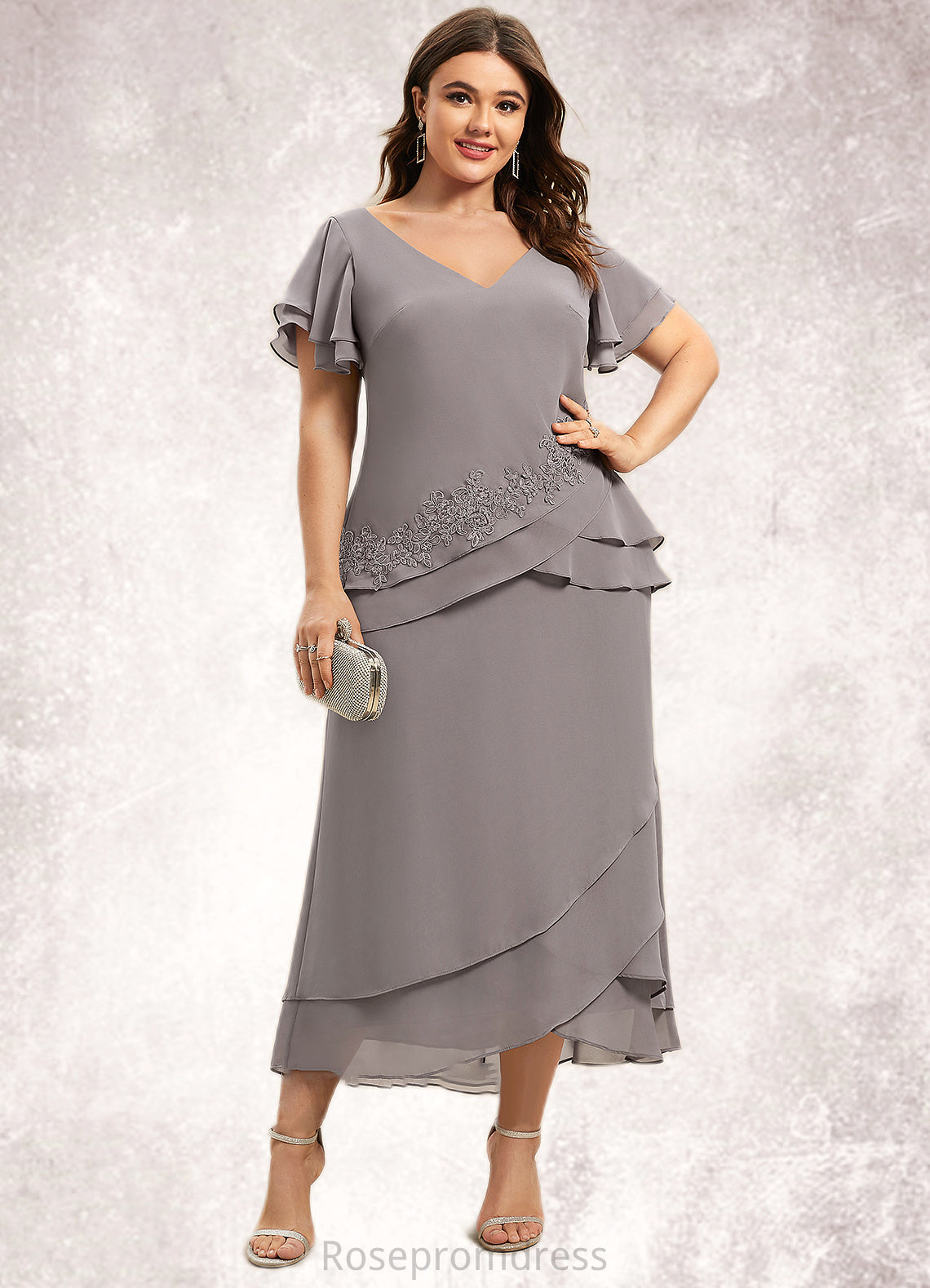 Lillianna Sheath/Column V-neck Asymmetrical Chiffon Mother of the Bride Dress With Appliques Lace Cascading Ruffles SRS126P0014617