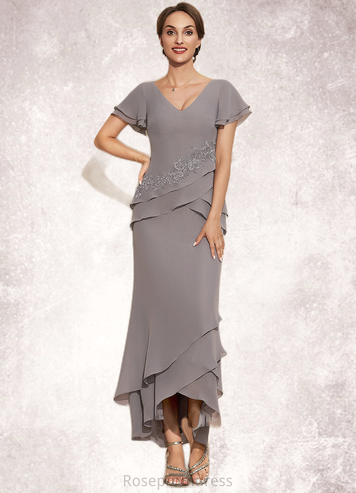 Lillianna Sheath/Column V-neck Asymmetrical Chiffon Mother of the Bride Dress With Appliques Lace Cascading Ruffles SRS126P0014617