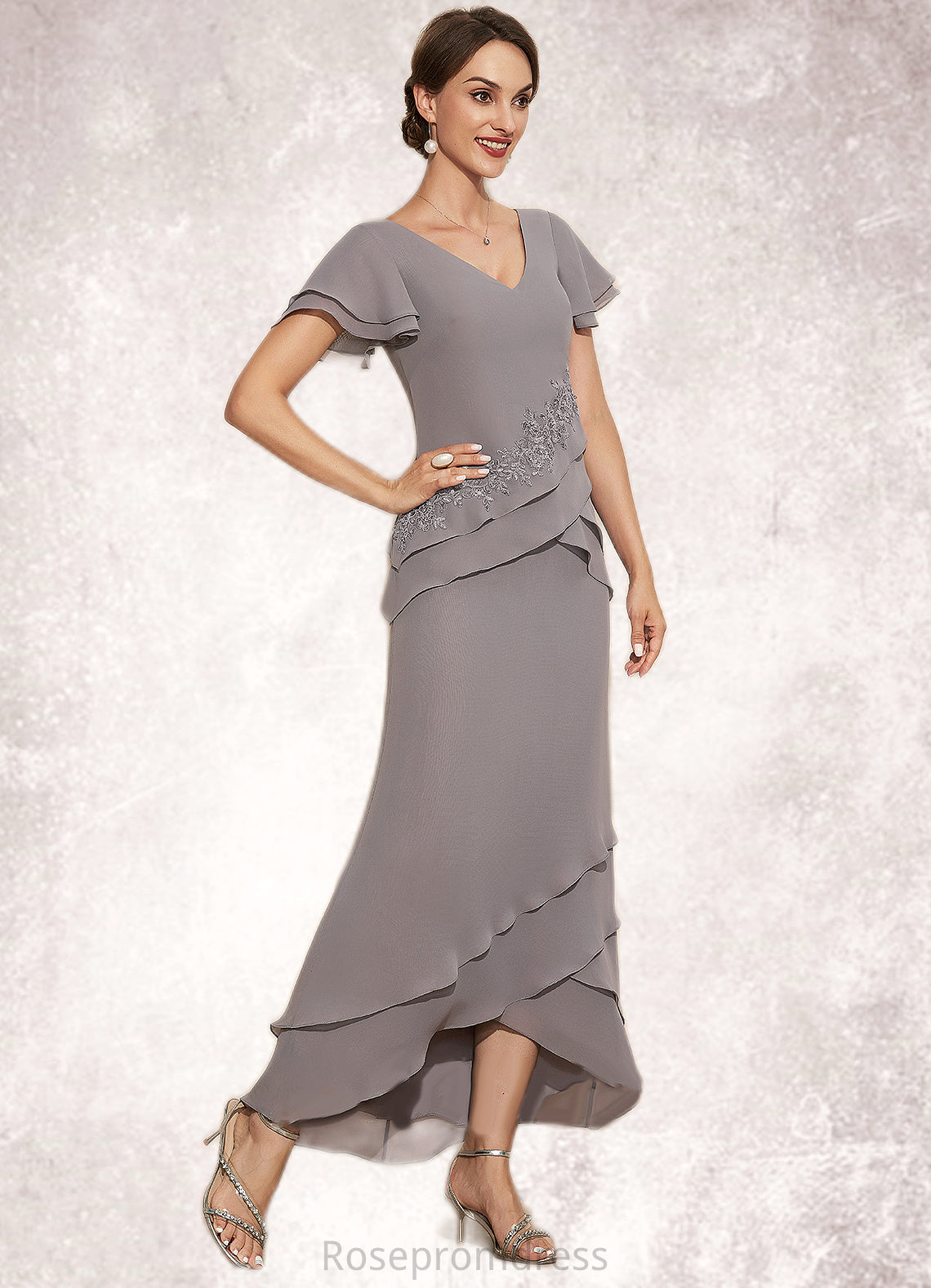 Lillianna Sheath/Column V-neck Asymmetrical Chiffon Mother of the Bride Dress With Appliques Lace Cascading Ruffles SRS126P0014617