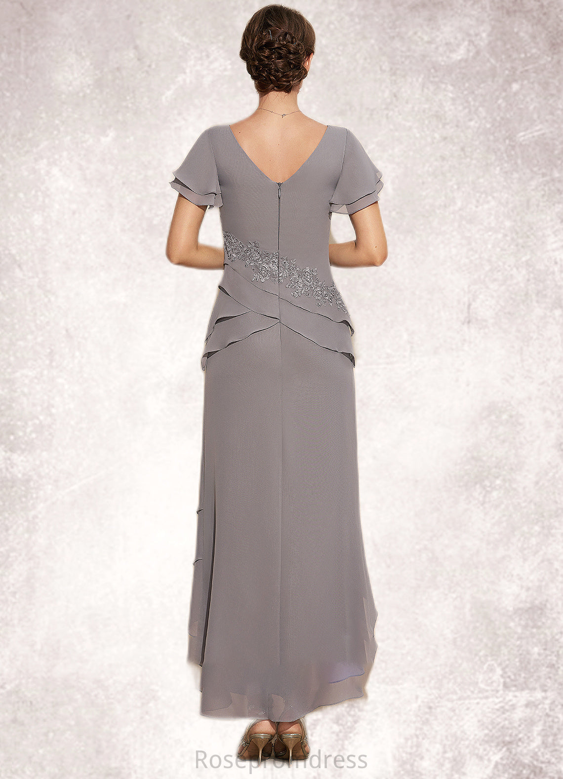 Lillianna Sheath/Column V-neck Asymmetrical Chiffon Mother of the Bride Dress With Appliques Lace Cascading Ruffles SRS126P0014617