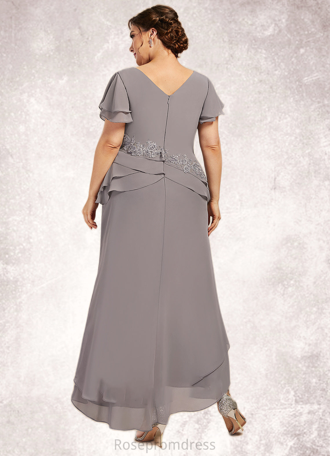 Lillianna Sheath/Column V-neck Asymmetrical Chiffon Mother of the Bride Dress With Appliques Lace Cascading Ruffles SRS126P0014617