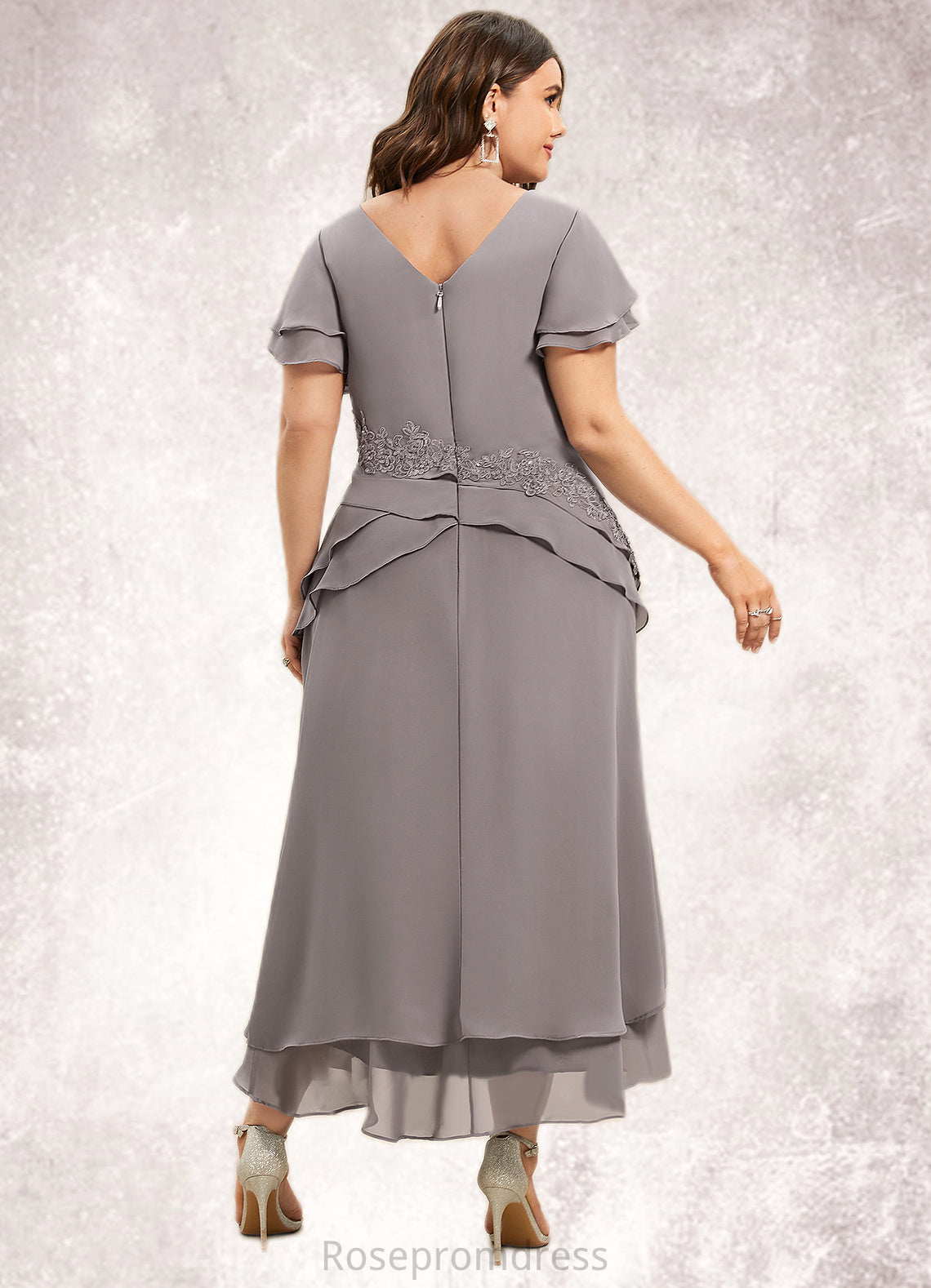 Lillianna Sheath/Column V-neck Asymmetrical Chiffon Mother of the Bride Dress With Appliques Lace Cascading Ruffles SRS126P0014617