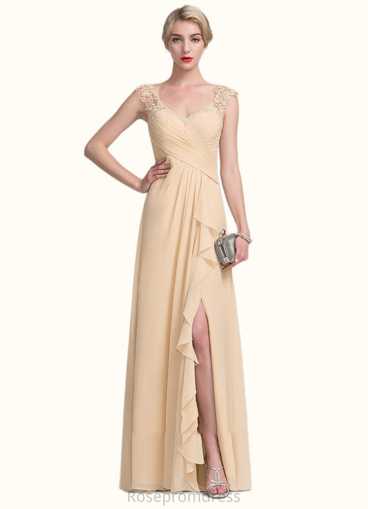 Amina A-Line V-neck Floor-Length Chiffon Lace Mother of the Bride Dress With Split Front Cascading Ruffles SRS126P0014619