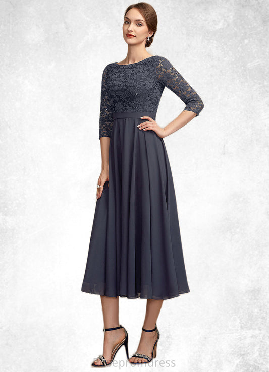 Audrey A-Line Scoop Neck Tea-Length Chiffon Lace Mother of the Bride Dress With Sequins SRS126P0014621