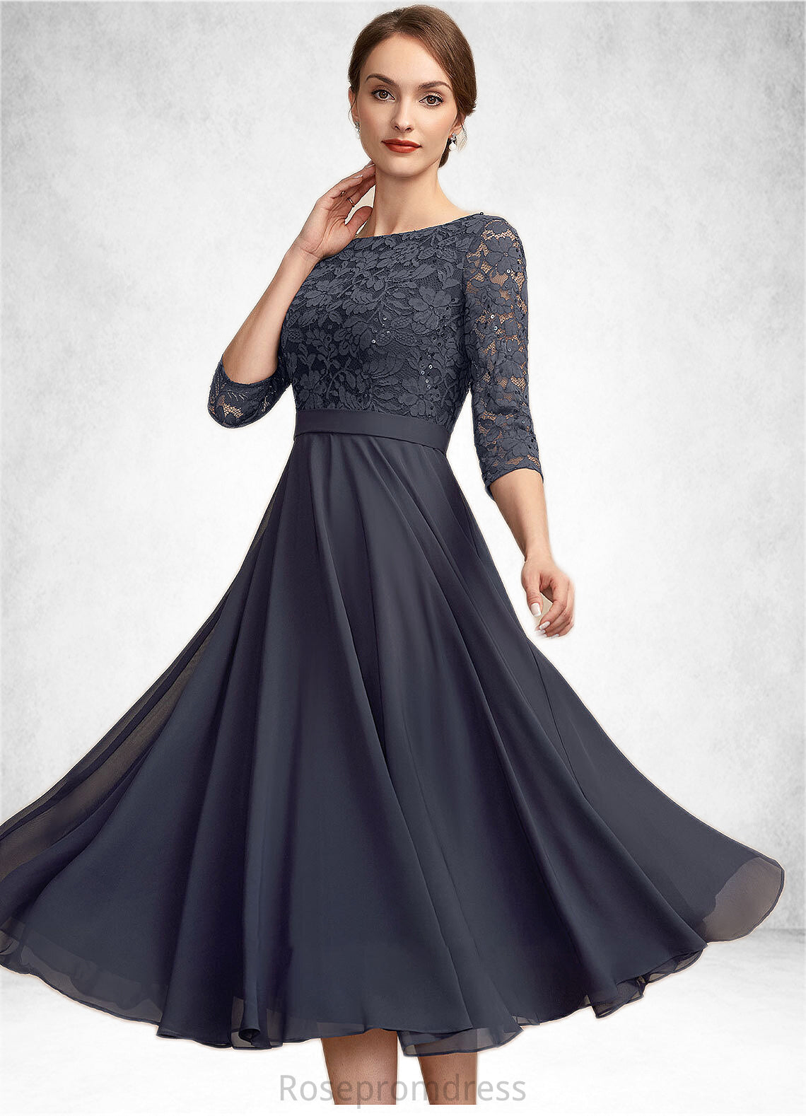 Audrey A-Line Scoop Neck Tea-Length Chiffon Lace Mother of the Bride Dress With Sequins SRS126P0014621