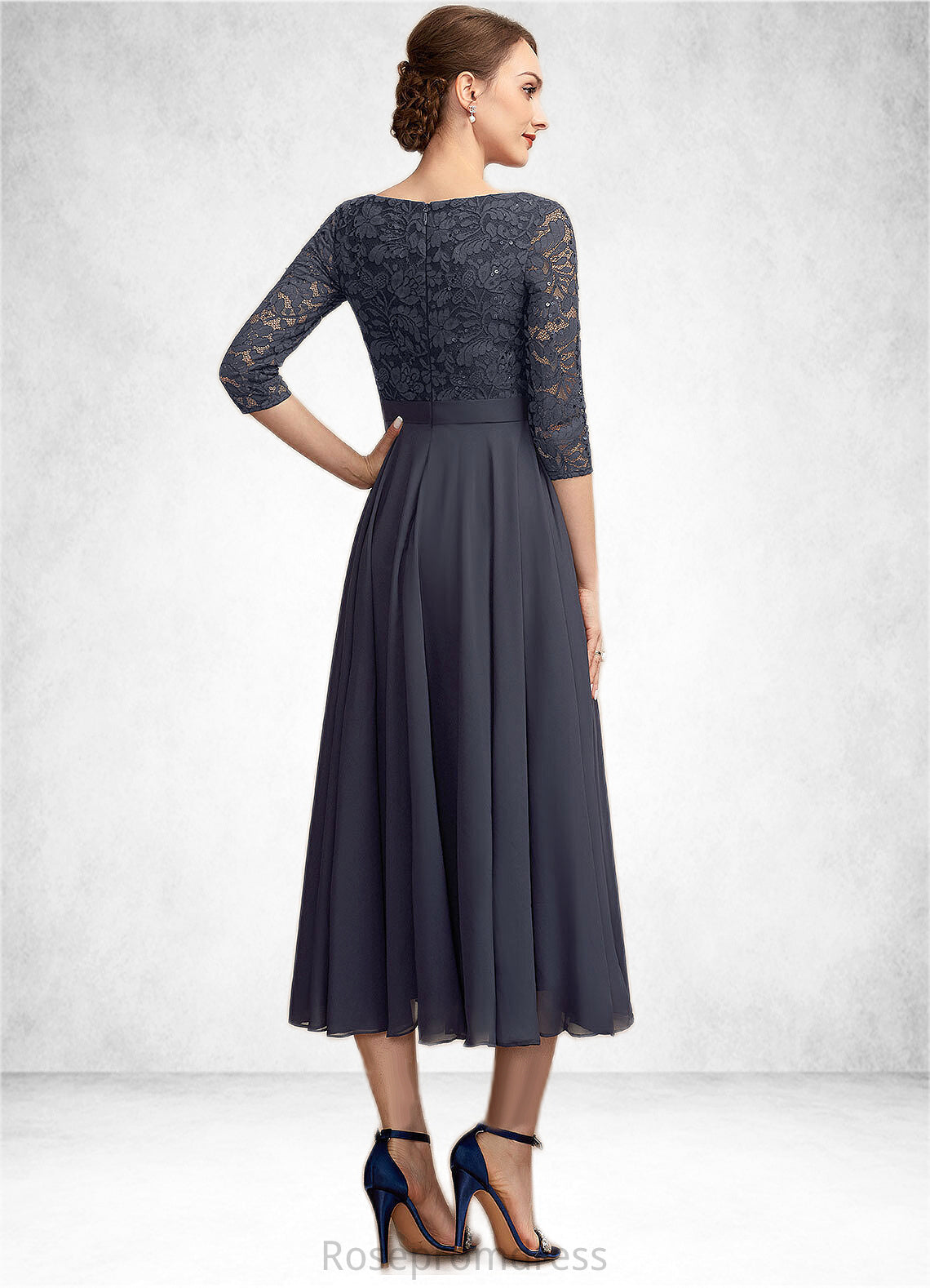 Audrey A-Line Scoop Neck Tea-Length Chiffon Lace Mother of the Bride Dress With Sequins SRS126P0014621