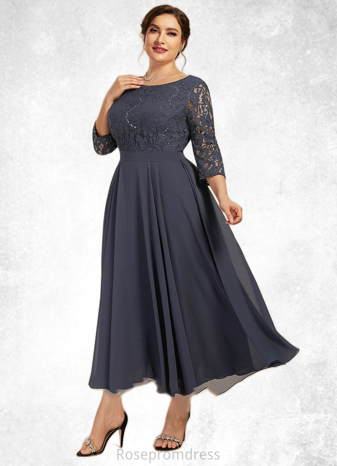 Audrey A-Line Scoop Neck Tea-Length Chiffon Lace Mother of the Bride Dress With Sequins SRS126P0014621