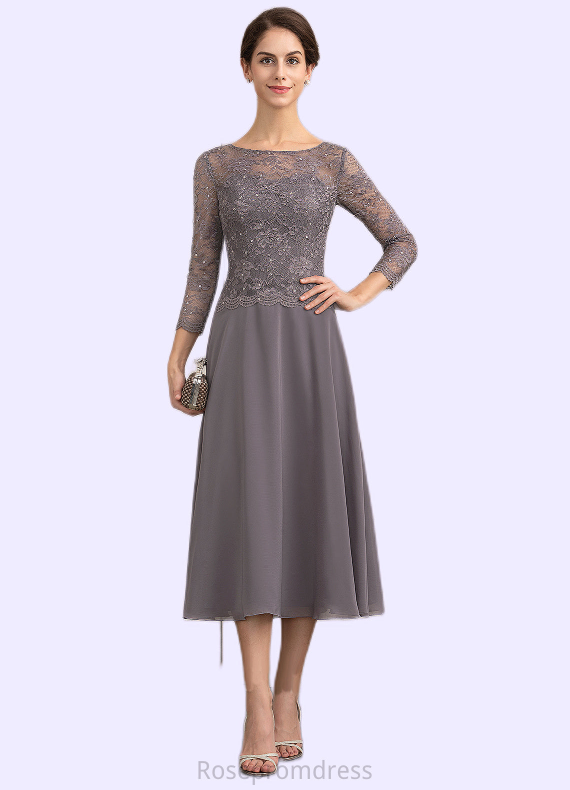 Summer A-Line Scoop Neck Tea-Length Chiffon Lace Mother of the Bride Dress With Sequins SRS126P0014622