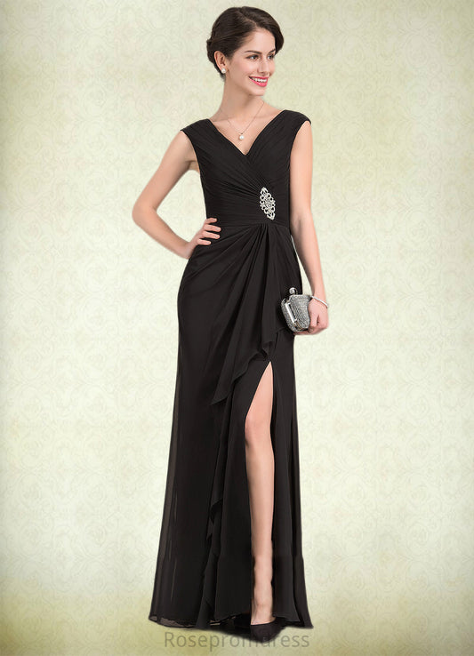 Jazlyn A-Line V-neck Floor-Length Chiffon Mother of the Bride Dress With Beading Split Front Cascading Ruffles SRS126P0014623
