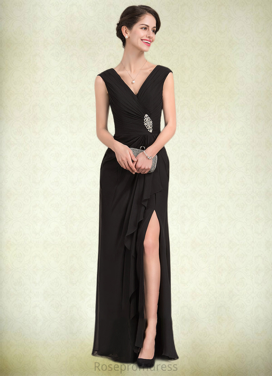 Jazlyn A-Line V-neck Floor-Length Chiffon Mother of the Bride Dress With Beading Split Front Cascading Ruffles SRS126P0014623