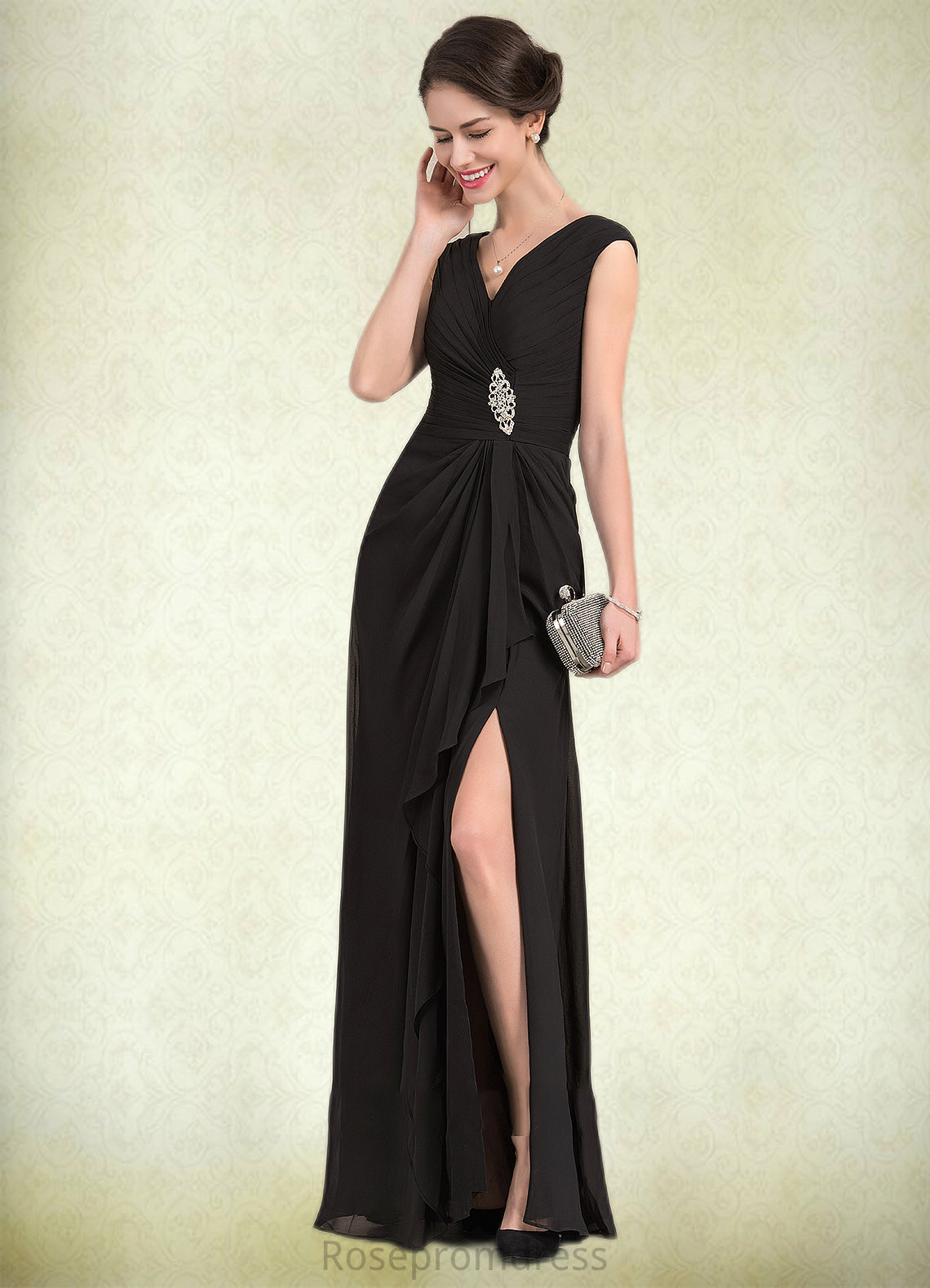 Jazlyn A-Line V-neck Floor-Length Chiffon Mother of the Bride Dress With Beading Split Front Cascading Ruffles SRS126P0014623