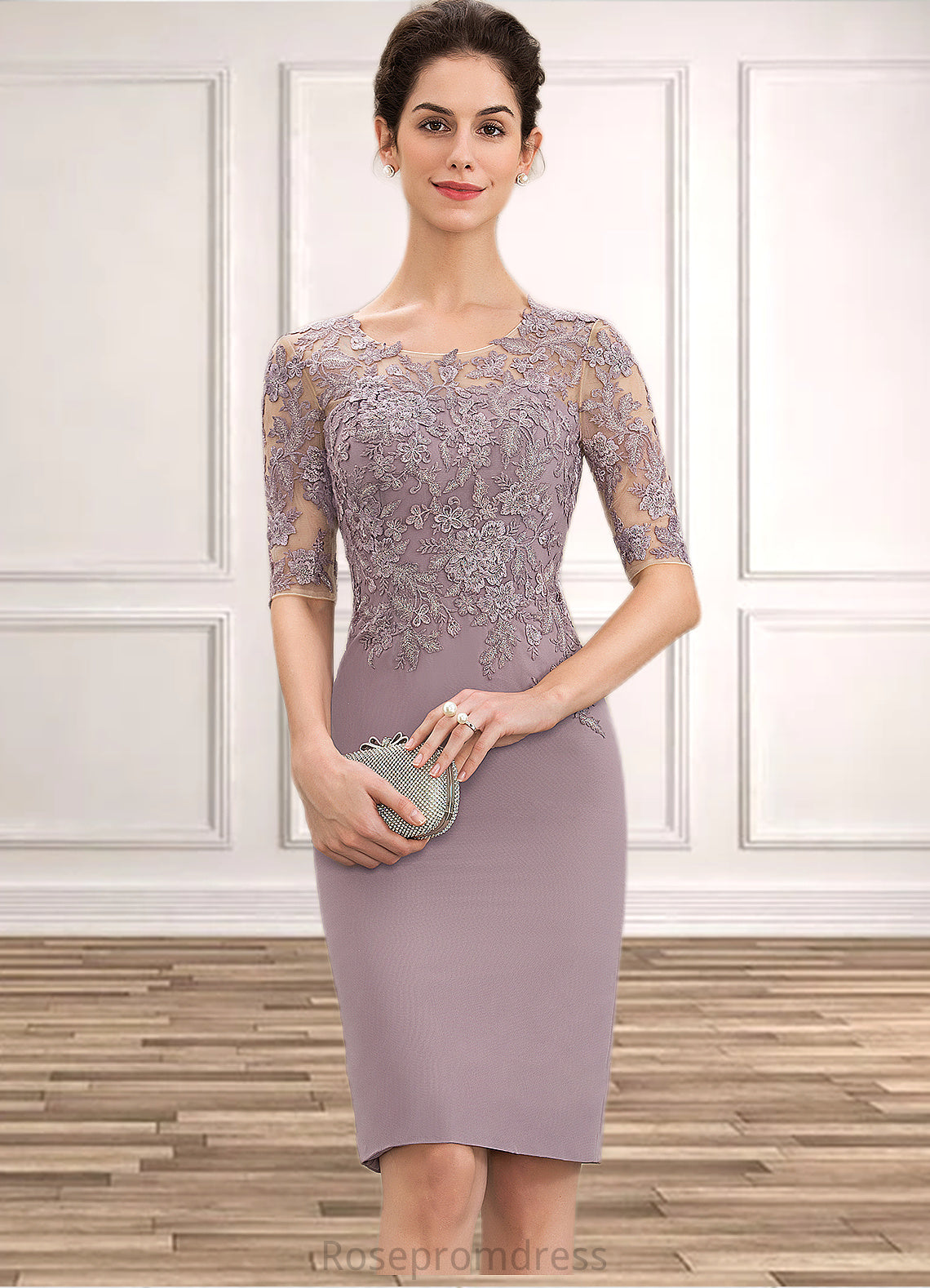 Jaslene Sheath/Column Scoop Neck Knee-Length Chiffon Lace Mother of the Bride Dress SRS126P0014624