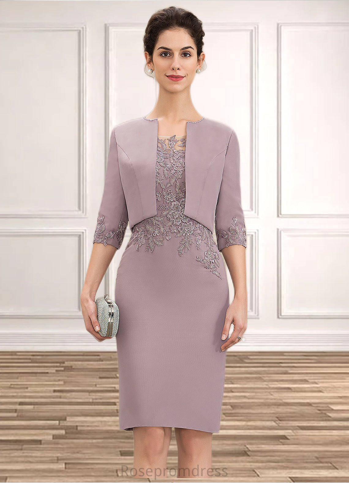 Jaslene Sheath/Column Scoop Neck Knee-Length Chiffon Lace Mother of the Bride Dress SRS126P0014624