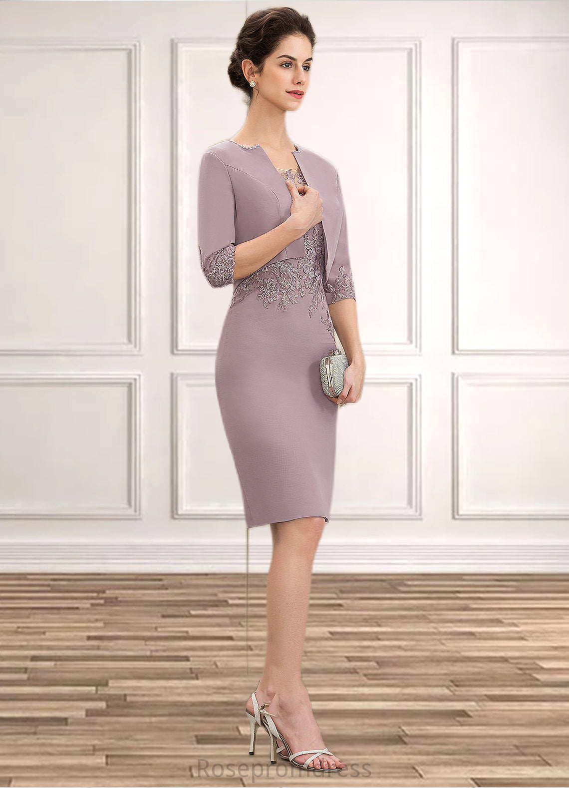 Jaslene Sheath/Column Scoop Neck Knee-Length Chiffon Lace Mother of the Bride Dress SRS126P0014624