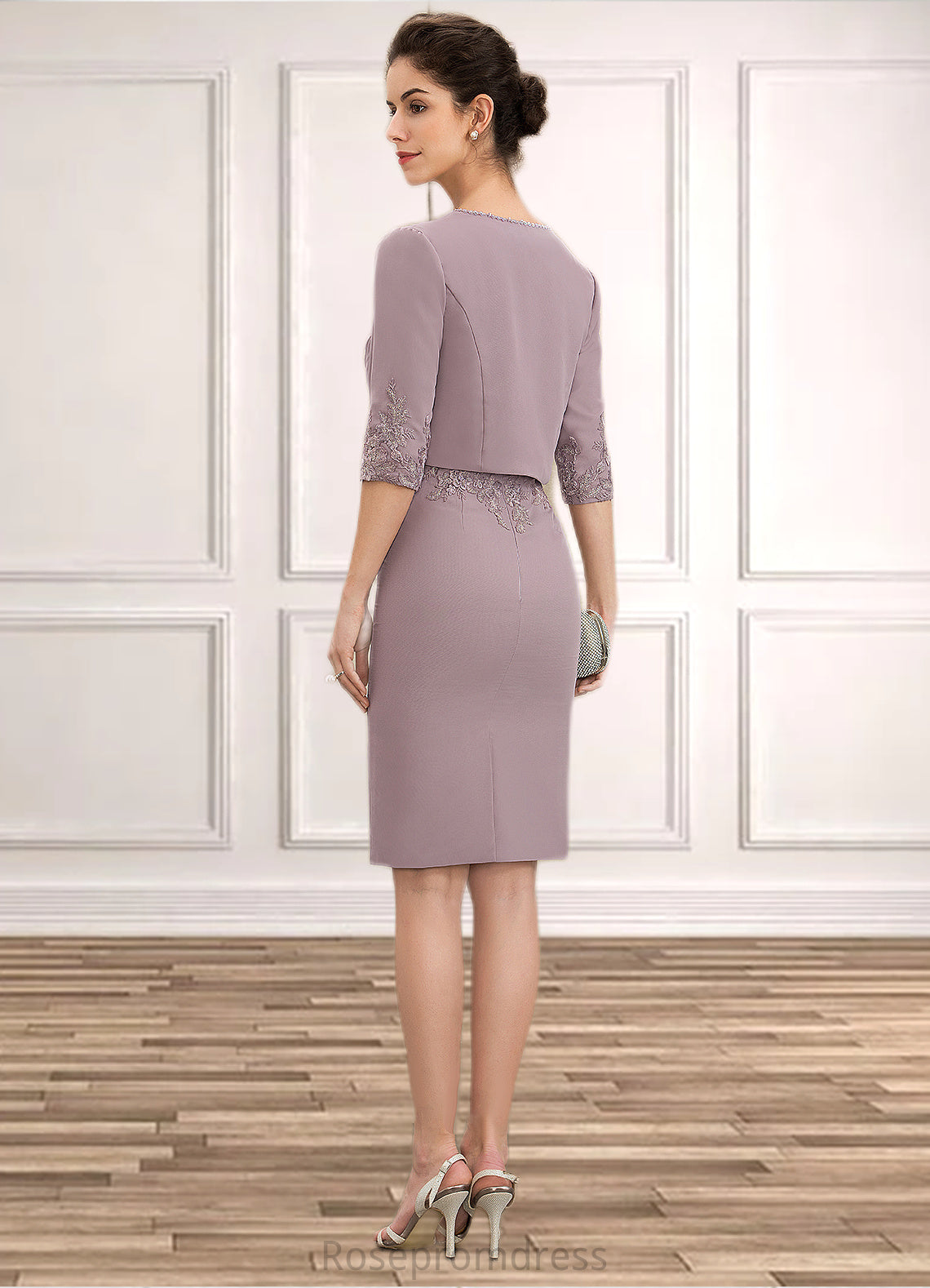 Jaslene Sheath/Column Scoop Neck Knee-Length Chiffon Lace Mother of the Bride Dress SRS126P0014624