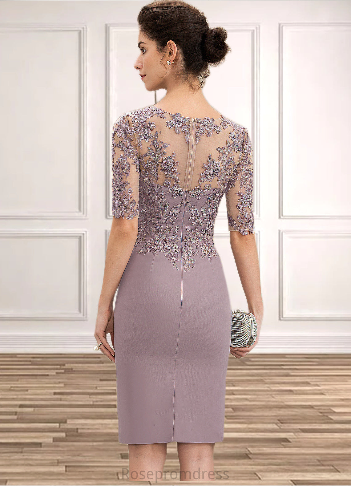 Jaslene Sheath/Column Scoop Neck Knee-Length Chiffon Lace Mother of the Bride Dress SRS126P0014624