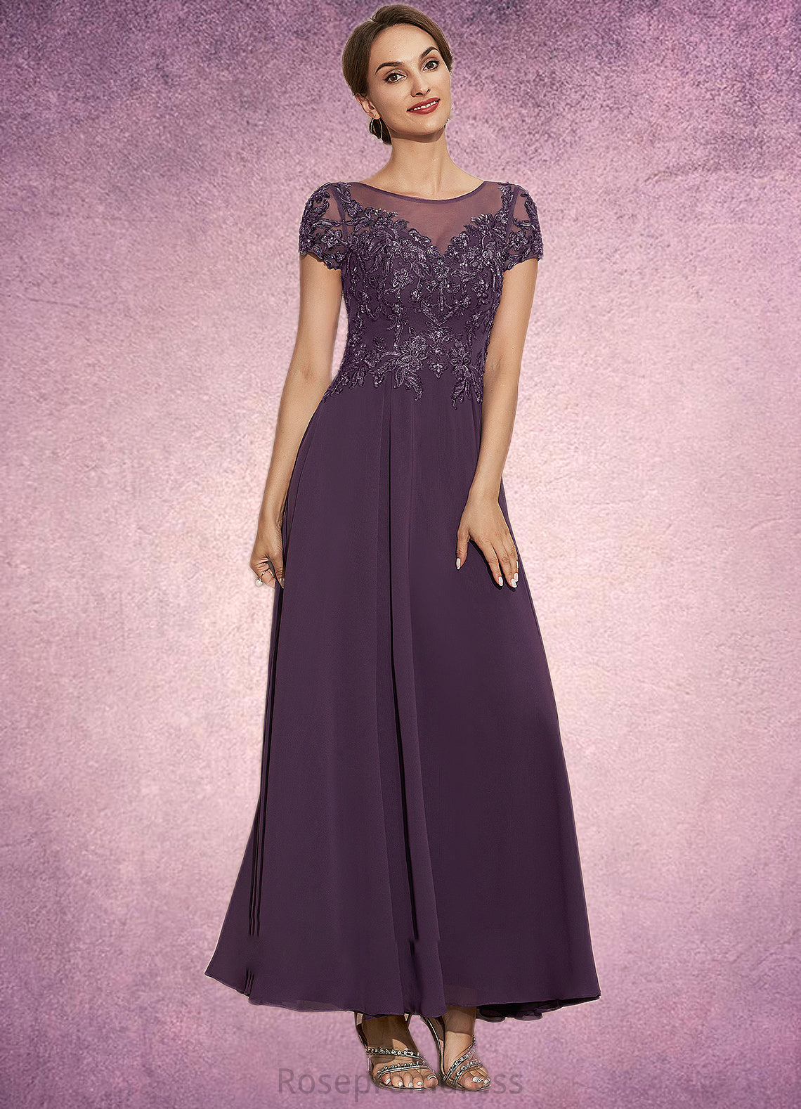 Mia A-Line Scoop Neck Ankle-Length Chiffon Lace Mother of the Bride Dress With Sequins SRS126P0014626