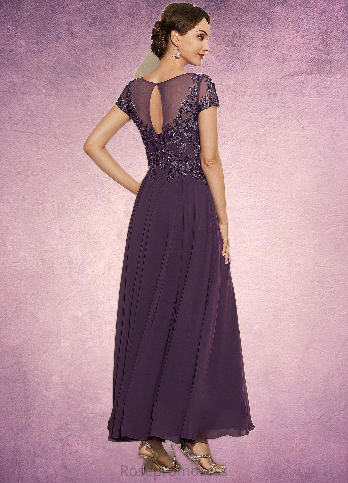 Mia A-Line Scoop Neck Ankle-Length Chiffon Lace Mother of the Bride Dress With Sequins SRS126P0014626