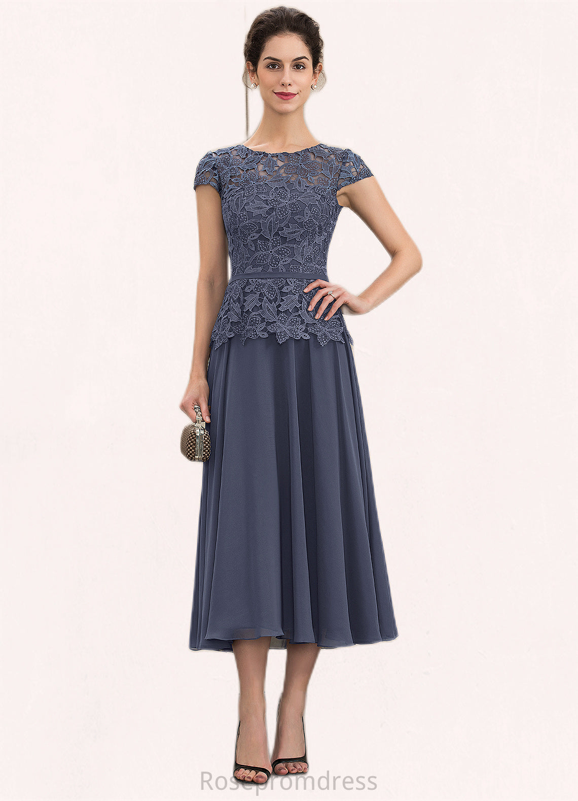 Alaina A-Line Scoop Neck Tea-Length Chiffon Lace Mother of the Bride Dress SRS126P0014627