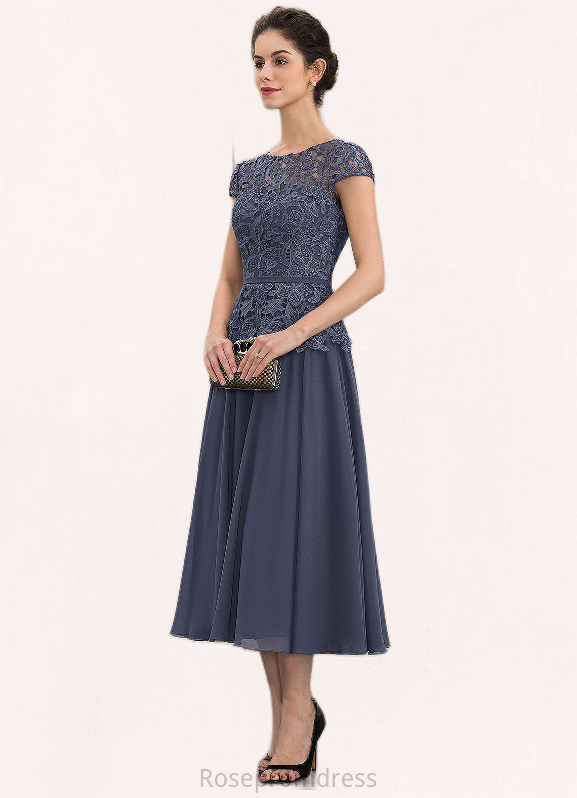 Alaina A-Line Scoop Neck Tea-Length Chiffon Lace Mother of the Bride Dress SRS126P0014627