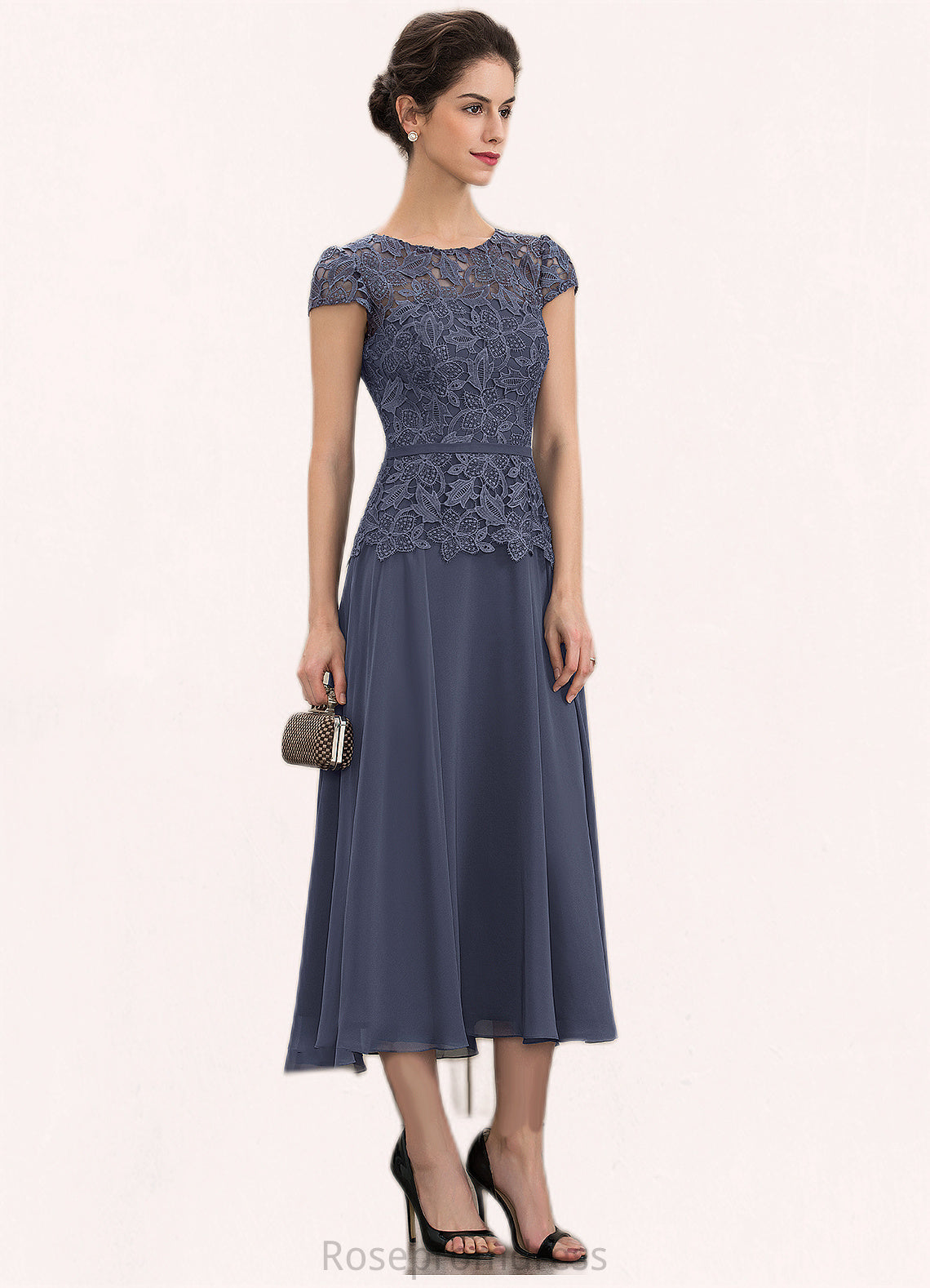 Alaina A-Line Scoop Neck Tea-Length Chiffon Lace Mother of the Bride Dress SRS126P0014627