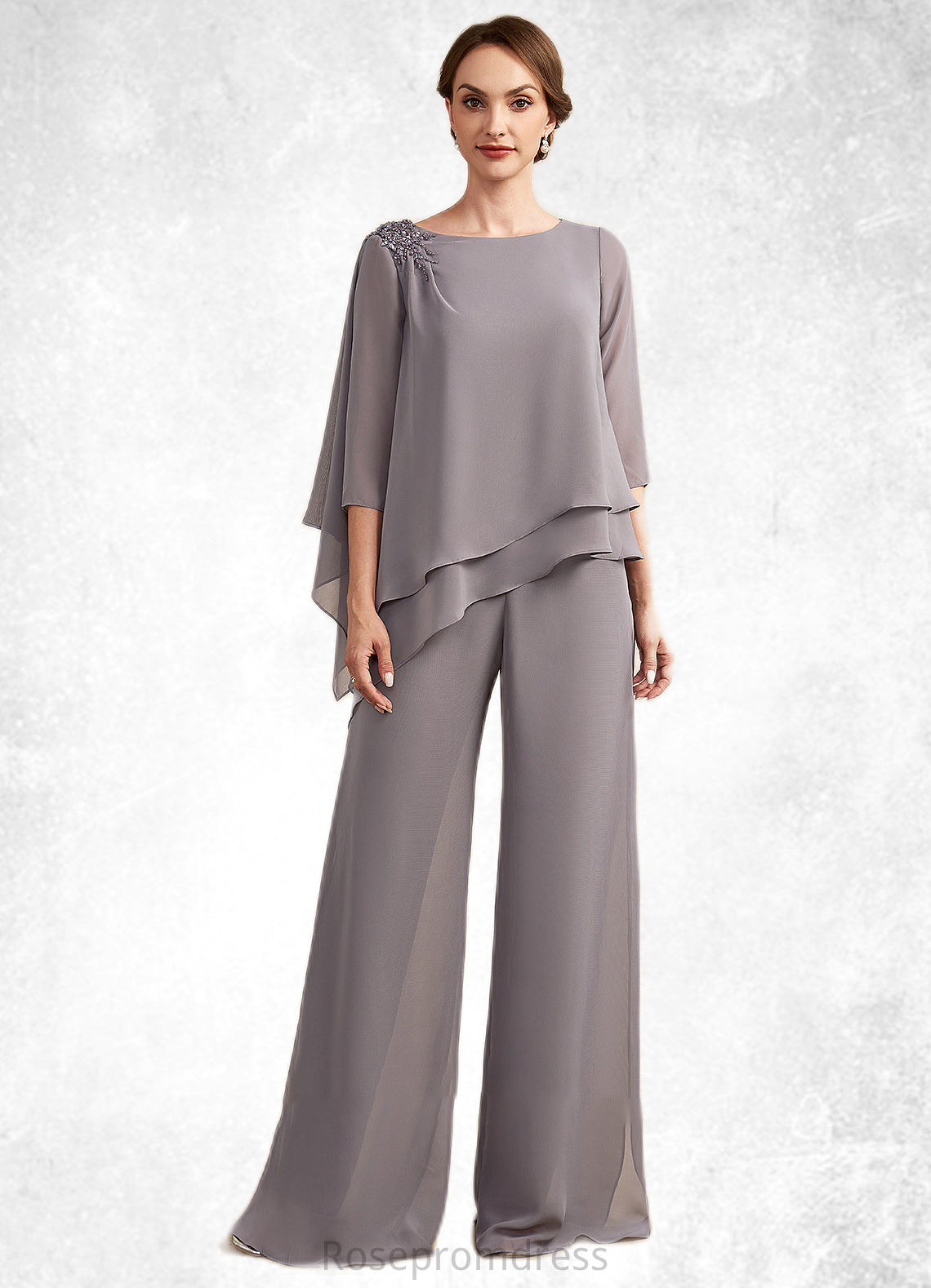 Luna Jumpsuit/Pantsuit Scoop Neck Floor-Length Chiffon Mother of the Bride Dress With Beading SRS126P0014630