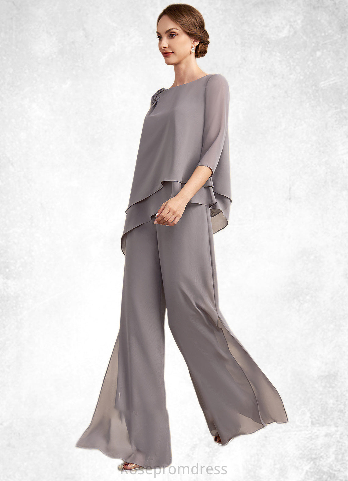 Luna Jumpsuit/Pantsuit Scoop Neck Floor-Length Chiffon Mother of the Bride Dress With Beading SRS126P0014630