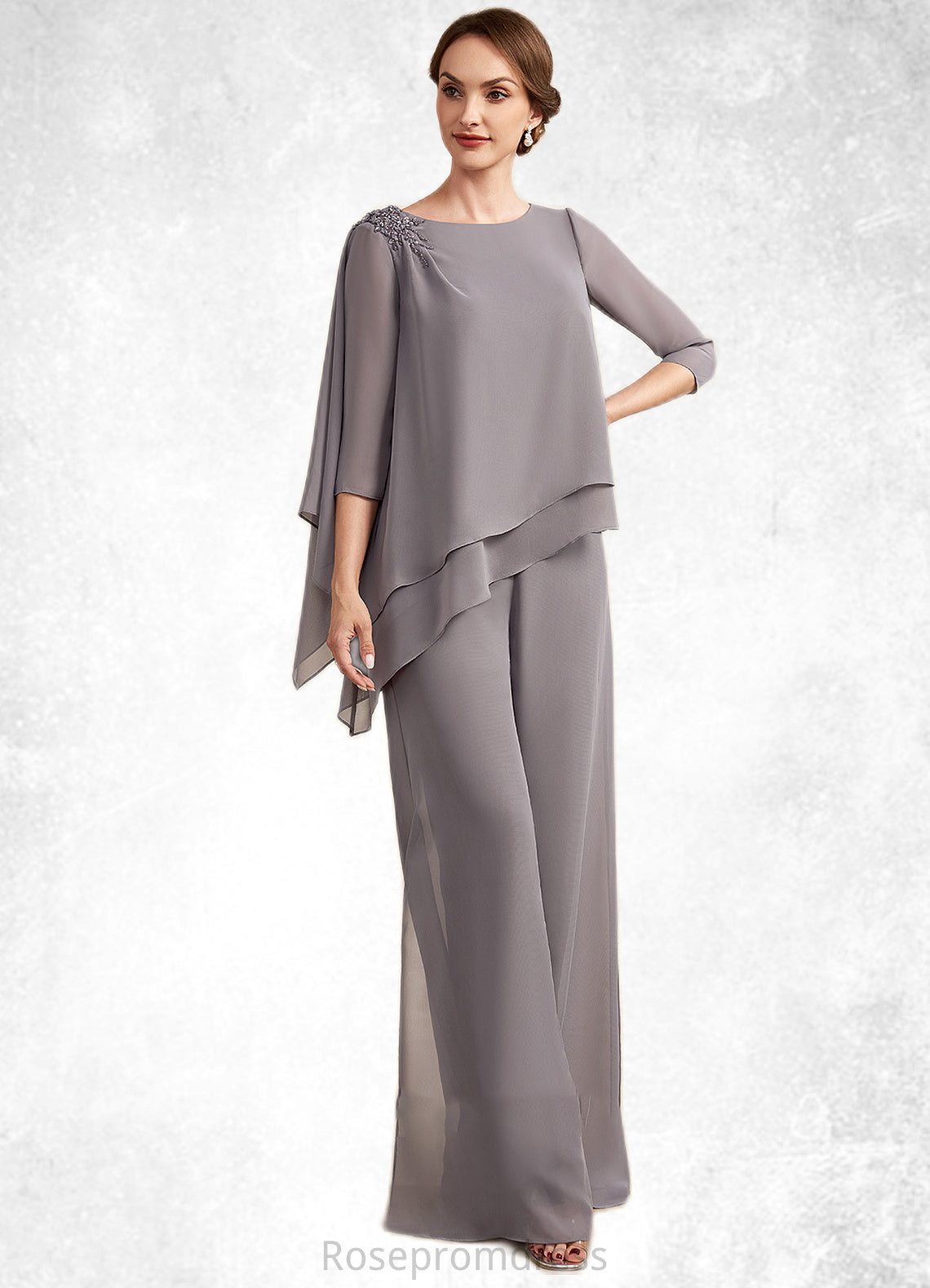 Luna Jumpsuit/Pantsuit Scoop Neck Floor-Length Chiffon Mother of the Bride Dress With Beading SRS126P0014630