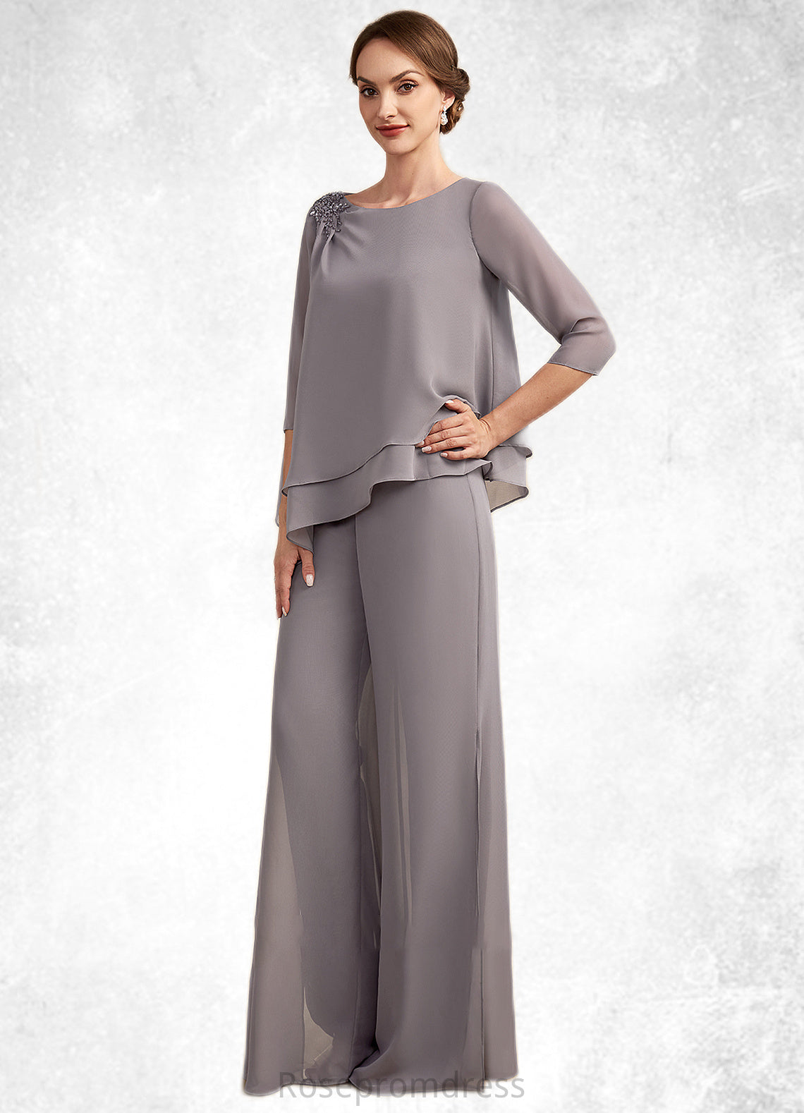 Luna Jumpsuit/Pantsuit Scoop Neck Floor-Length Chiffon Mother of the Bride Dress With Beading SRS126P0014630