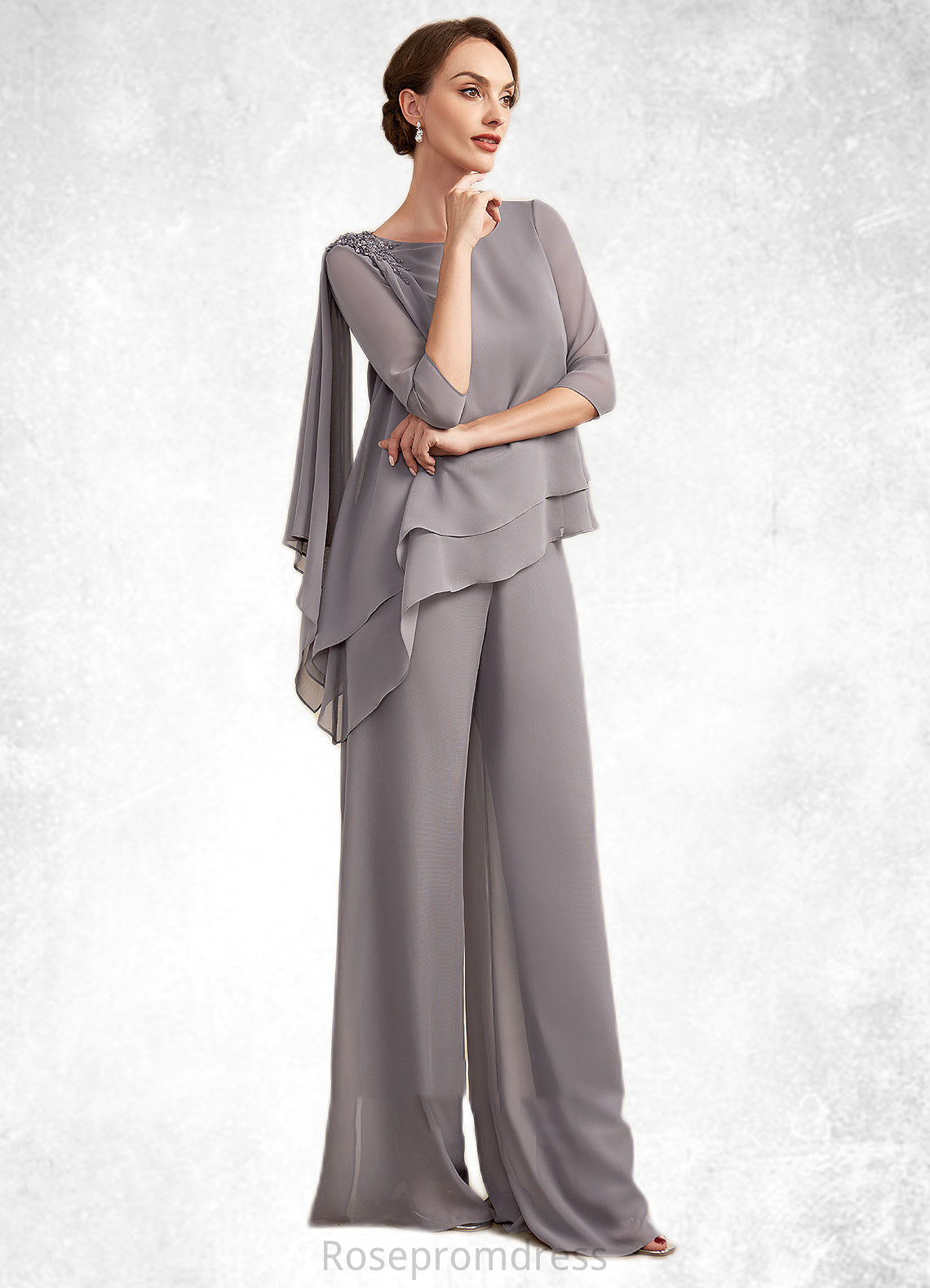 Luna Jumpsuit/Pantsuit Scoop Neck Floor-Length Chiffon Mother of the Bride Dress With Beading SRS126P0014630